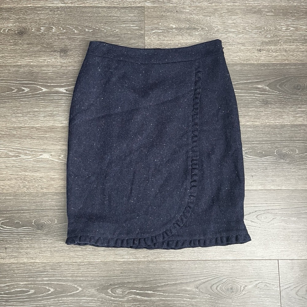 Talbots Skirt Womens 8 Navy Blue Ruffle Wool‎ Blend Pencil Faux Wrap Preppy Work